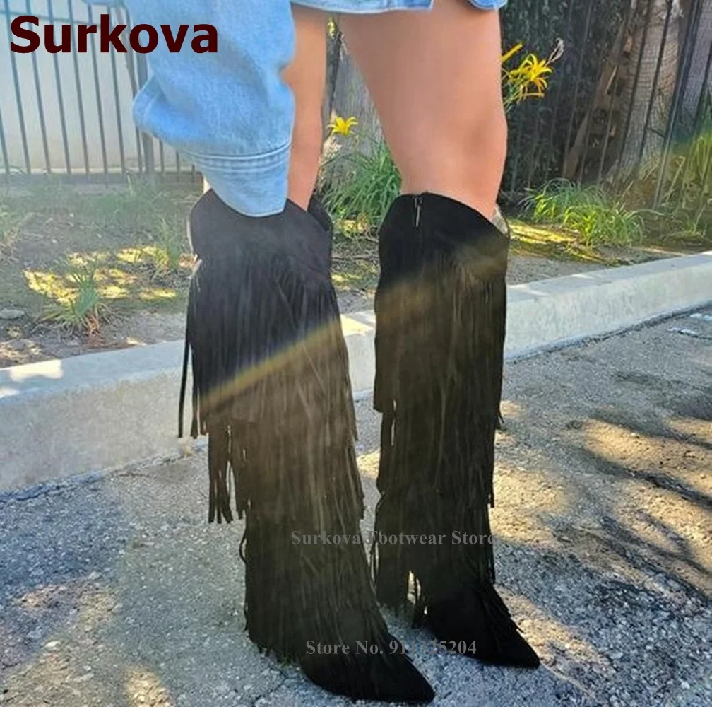 

Surkova Sexy Chunky Heel Fringe Knee Boots Women Pointy Toe Tassel Long Boots Fall Winter Dress Shoes Outdoor Footwear Size46