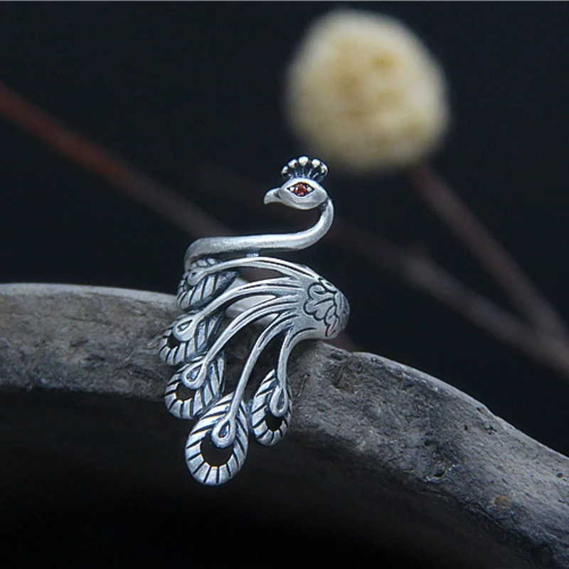 

Fine 999 Sterling Silver Ring Band 25x43.8mm Peacock Figure Ring Size Adjustable (US5-10)