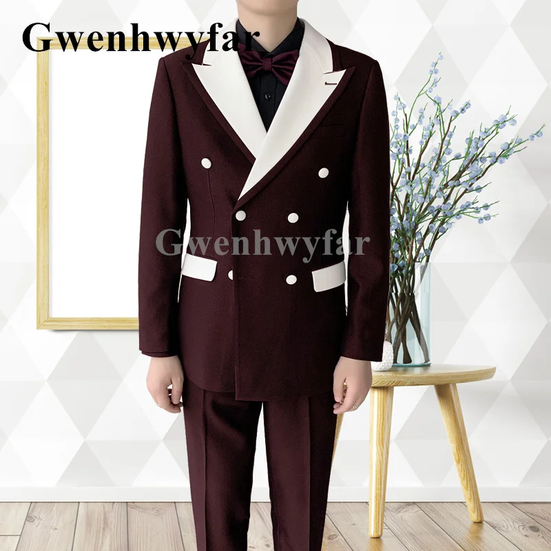 

Gwenhwyfar New Fashion Men's Double-breasted Buttons Handsome Wedding Two Pieces Wine Red Suit Best Man Suit Jacket With Pants