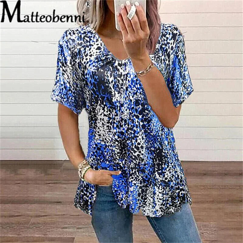 

2021 Summer Women's Tie Dye Printed Short Sleeve V-Neck Cotton T-Shirts Ladies Casual Loose Street Femme T-Shirt Tops