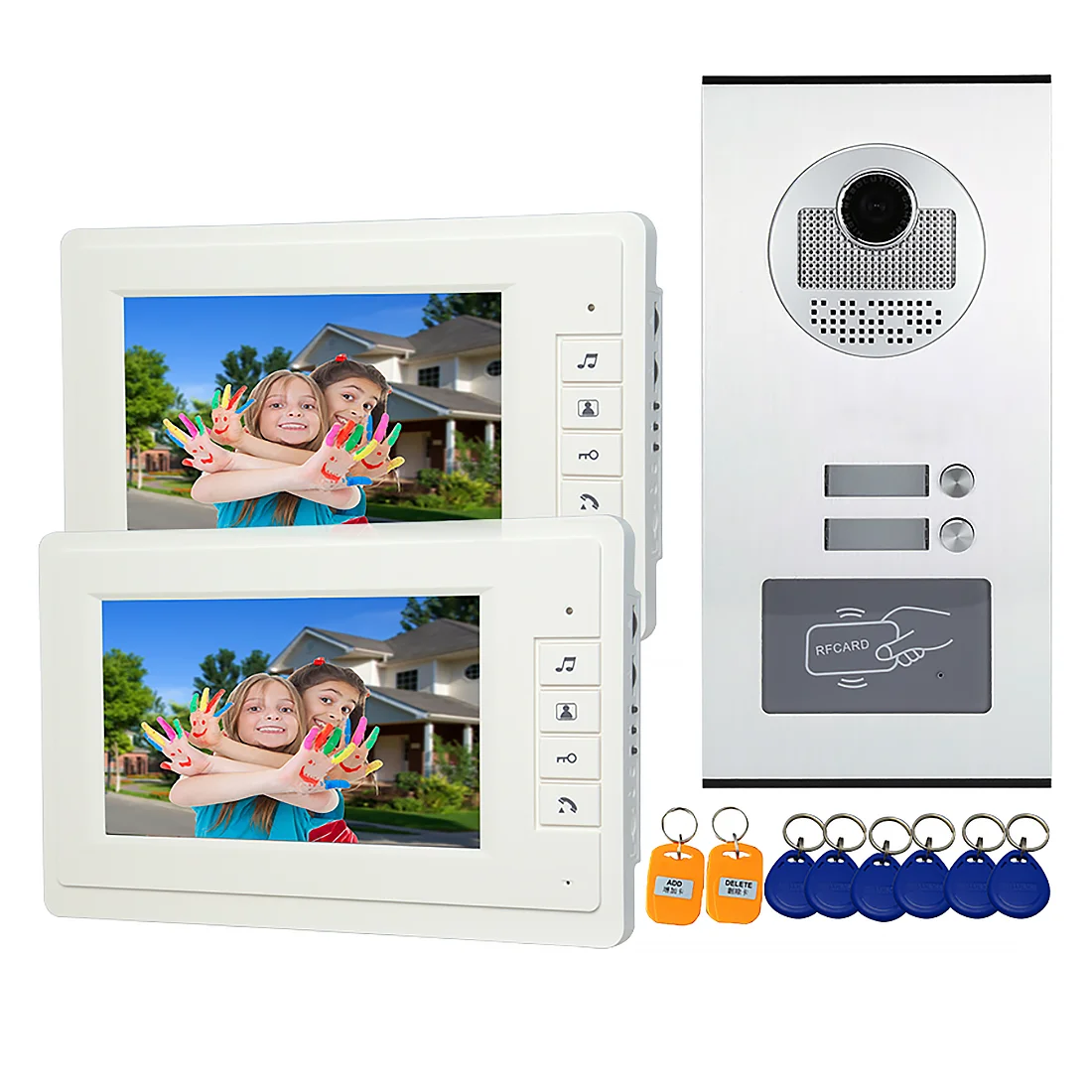 

7 Inch 2 Units Apartment Video Door Phone Intercom System Wired Video Doorbell with ID Card for Home Multiple Apartment