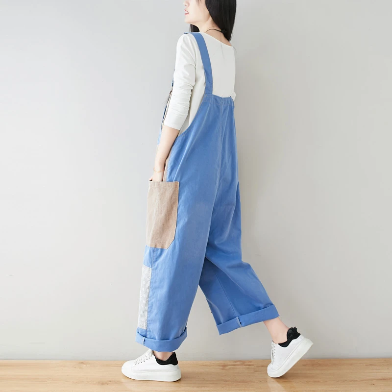 Wide Leg Denim Jumpsuits Baggy Contrast Color Overalls Vintage Patchwork Cowboy Loose Rompers big size Drop Crotch Bib jeans