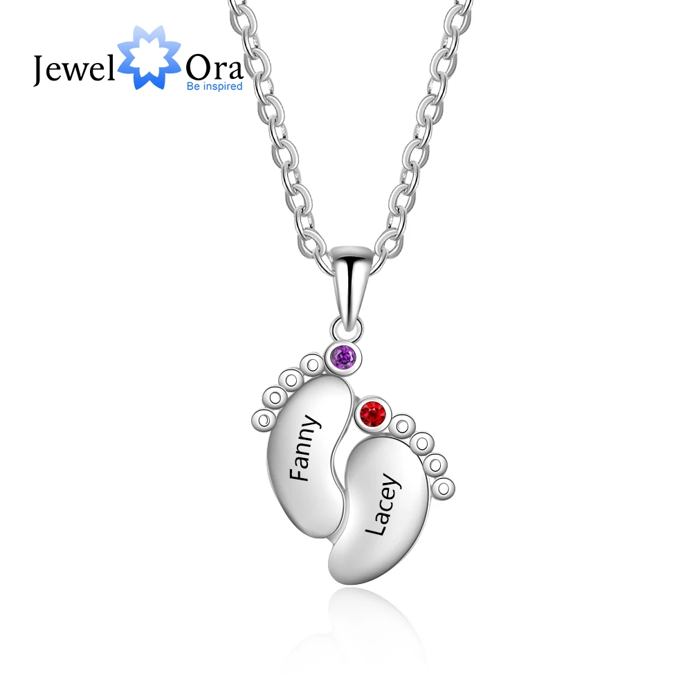 Customized Baby Feet Pendant with 2 Birthstones Gold Rose Gold Silver Color Personalized NameEngraved Necklace Mothers Day Gifts