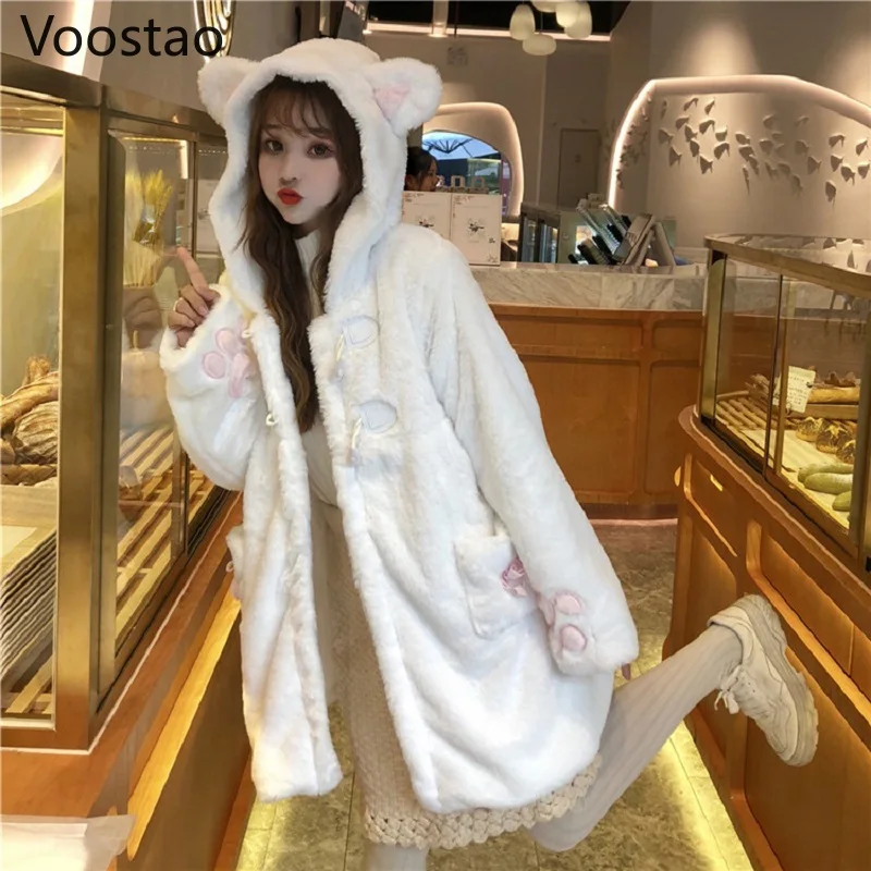 Herfst Winter Vrouwen Zoete Lolita Jas Warme Zachte Pluche Kawaii Leuke Kat Oren Capuchon Jassen Meisjes Cartoon Kat Klauw Parka uitloper