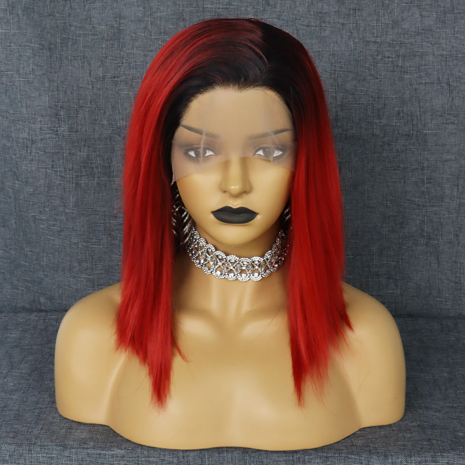 JONETING 13x2.5 Lace Front Wigs Ombre Red Straight Bob Short Wigs Heat Resistant Fiber Synthetic for Black Women Halloween Party