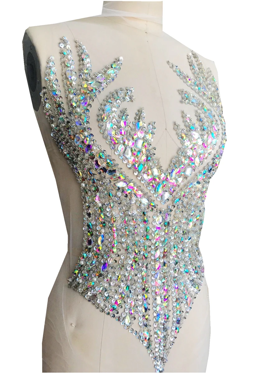 Sew on clear ABcolour rhinestones sequins beads patches crystal applique on mesh accessory for dress clothes