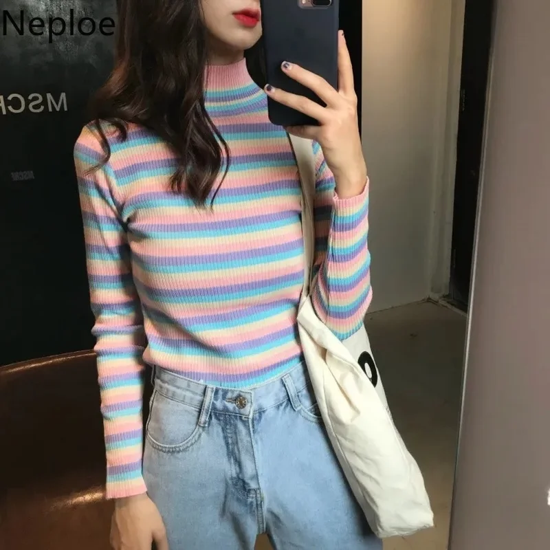 Neploe Rainbow Striped Sweater Y2K Cropped Tops Turtleneck Long Sleeve Pullover Women Sweaters Korean Patchwork Clothes Pull