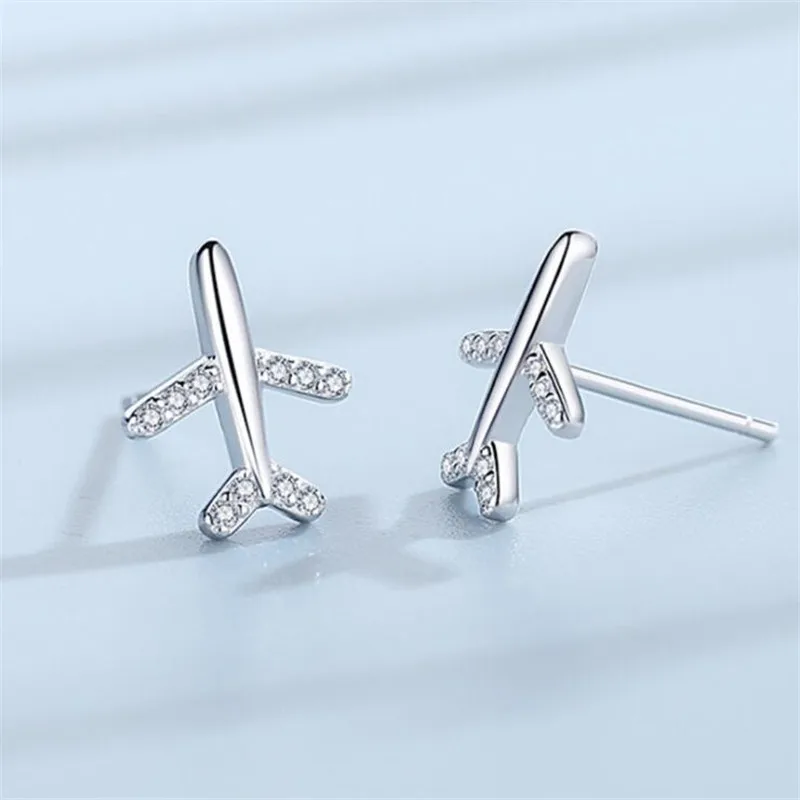 New Personality Full Crystal Airplane 925 Sterling Silver Jewelry Creative Simple And Compact Zircon Plane Stud Earrings E152