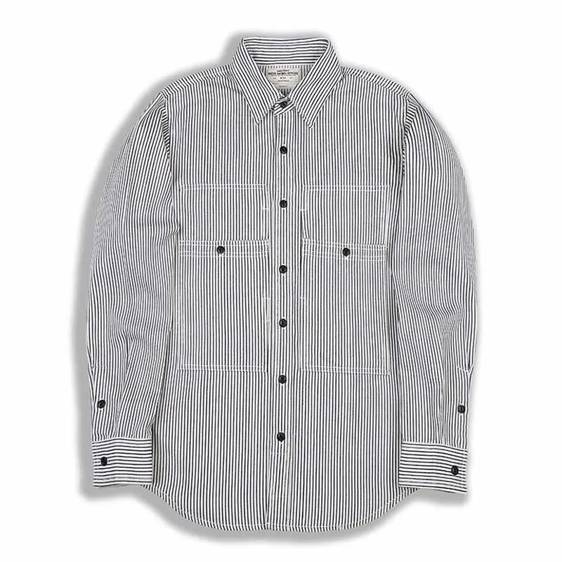 Mcikkny blusa jeans masculina de outono casual, camisas jeans de algodão listrado, camisa com bolsos grandes frontal