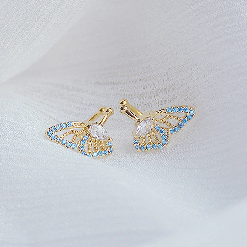 

Korean Trendy Blue Micro Inlaid Zirconia Butterfly Women Earring for Women AAA Zircon Ear Bone Clip Stud Earrings Pendnat Gift