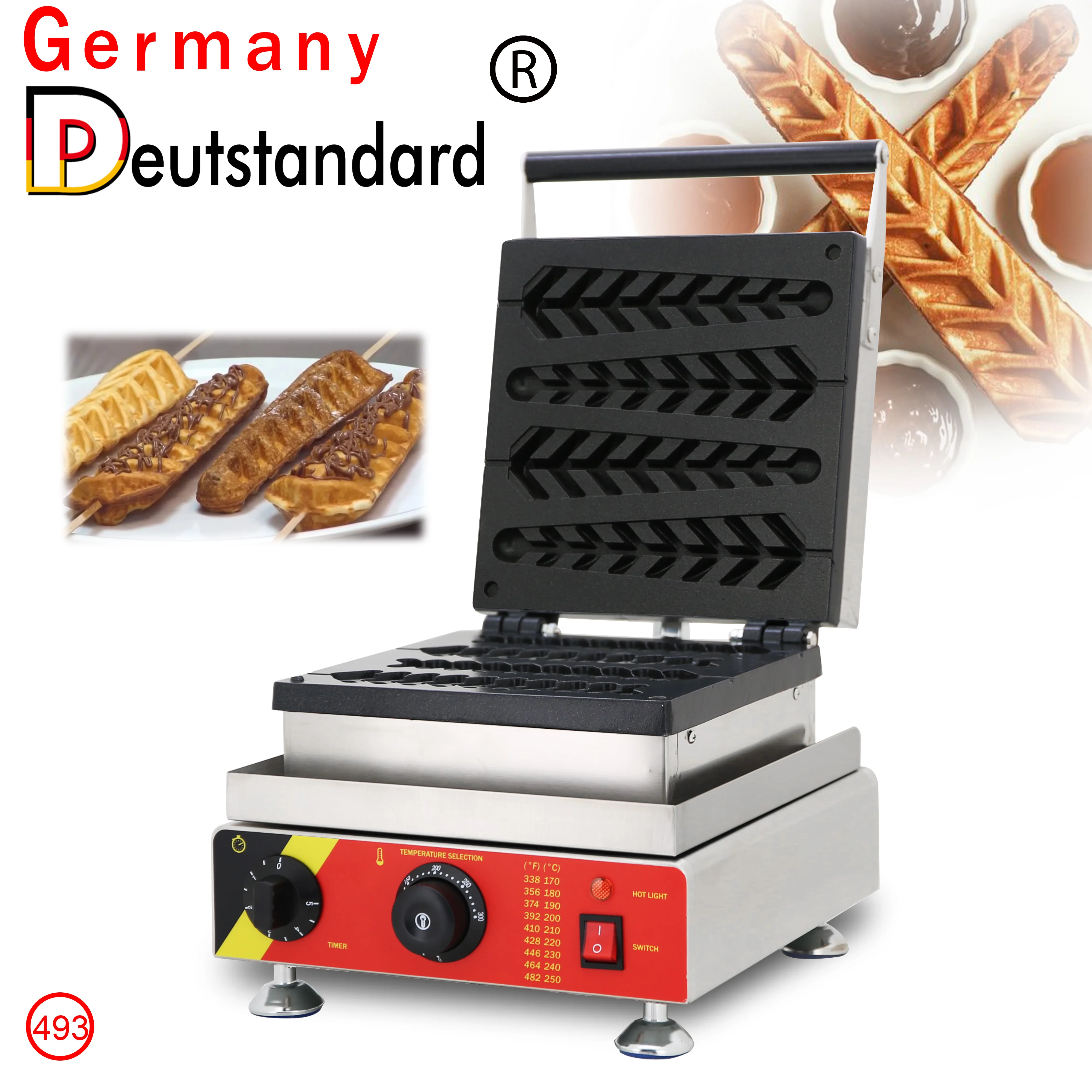 Máquina comercial de lanches, faz comida de rua, elétrica, forma de vara de waffle, máquina de waffle stick com bandeja de óleo, 4 unidades