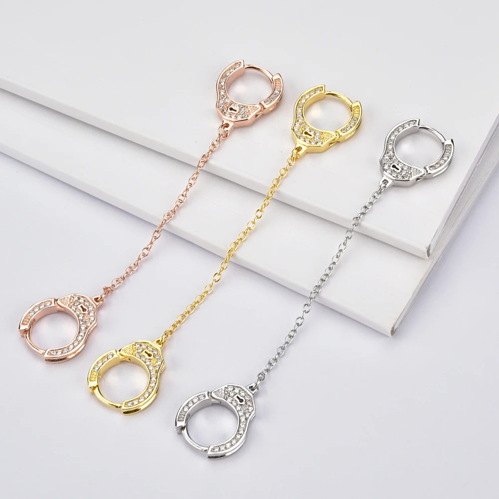 Kikichicc 925 Sterling Silver 8.5mm Handcuff Hoops Double Huggies Cuffs Chain Women CZ Zircon Earring Rock Punk Girl Jewelry