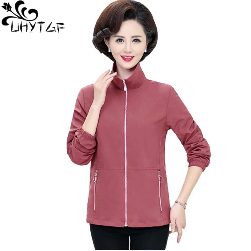 UHYTGF Elegant Mother Jacket Womens Long Sleeves Zipper Casual Spring Autumn Coat Female Thin Tops Loose Big Size Outerwear 2075