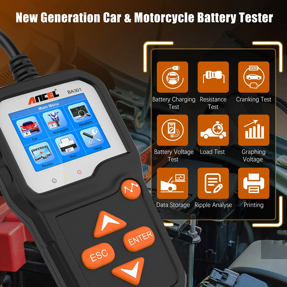 ANCEL-Testeur de batterie de voiture, outils de charge Hurcycles, test de circuit de charge à manivelle rapide, 6-12V, 100-2000 CCA, BA301