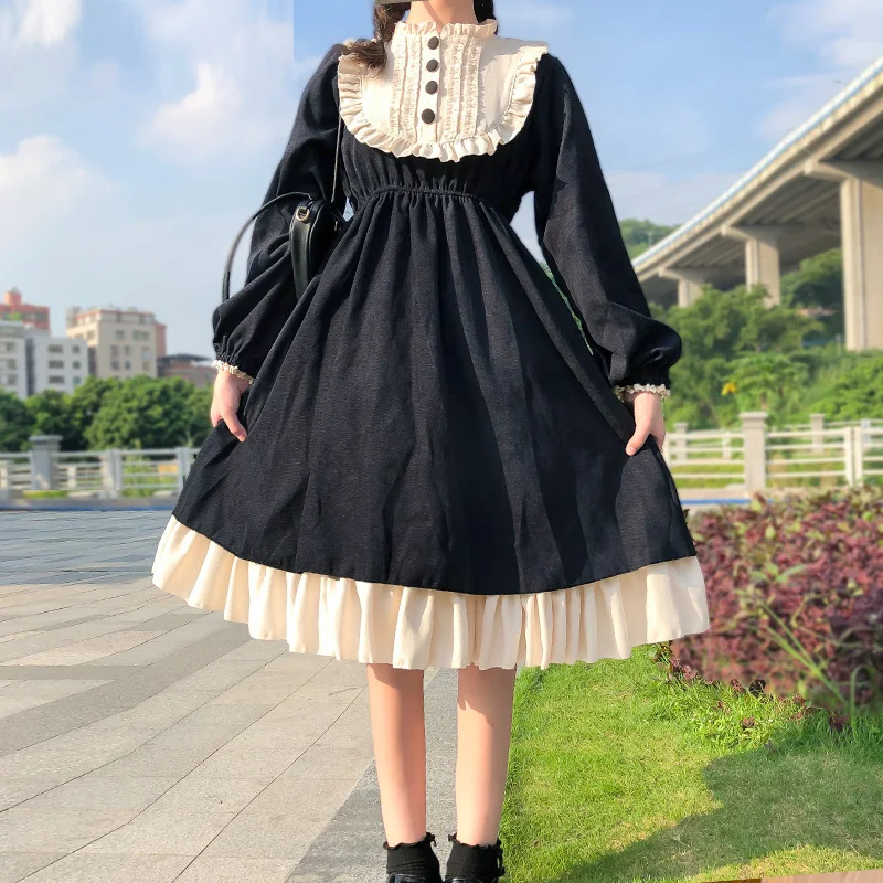 

Japanese Style Autumn Women's Dresses High Waist Black Gothic Long-sleeved Ruffled Sweet Lolita Dress Princess Kawaii Clothing ﻿