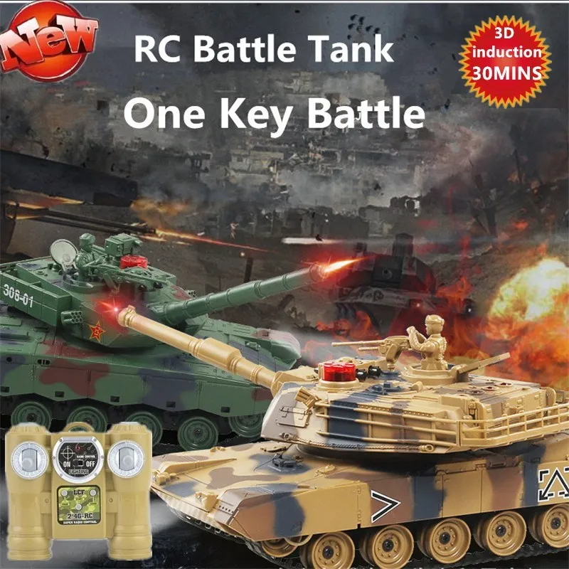 

Simulation Remote Control RC Battle Tank 1:24 30mins Rotatable Turret Crawler Tank With One Key Smoke Artillery Launch Model Toy