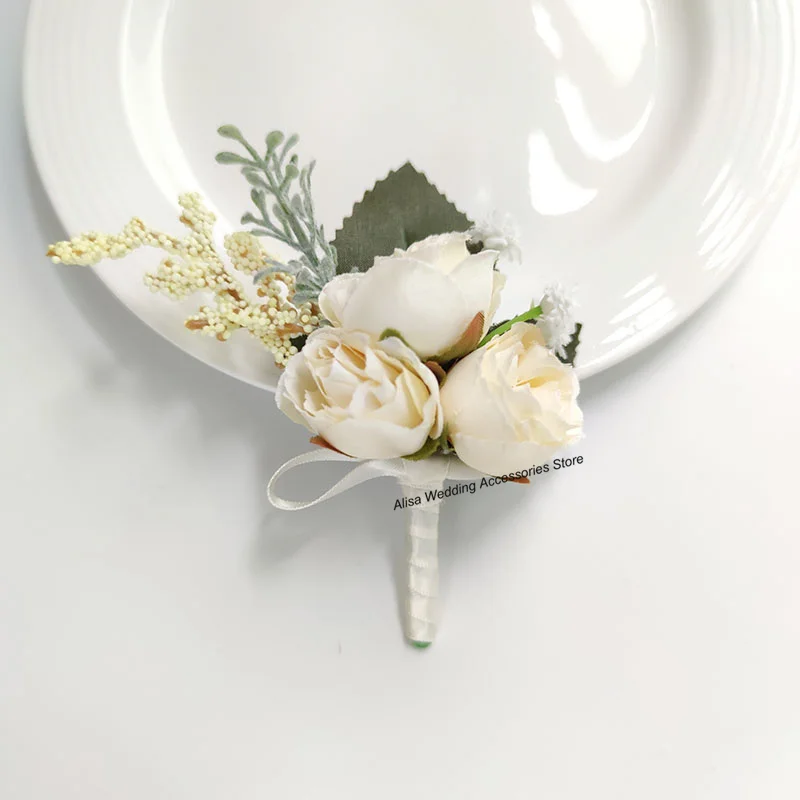 Ivory Groom Boutonniere szpilki akcesoria ślubne nadgarstek stanik bransoletka broszka kwiaty sztuczne jedwabne róże Buttonhole małżeństwo