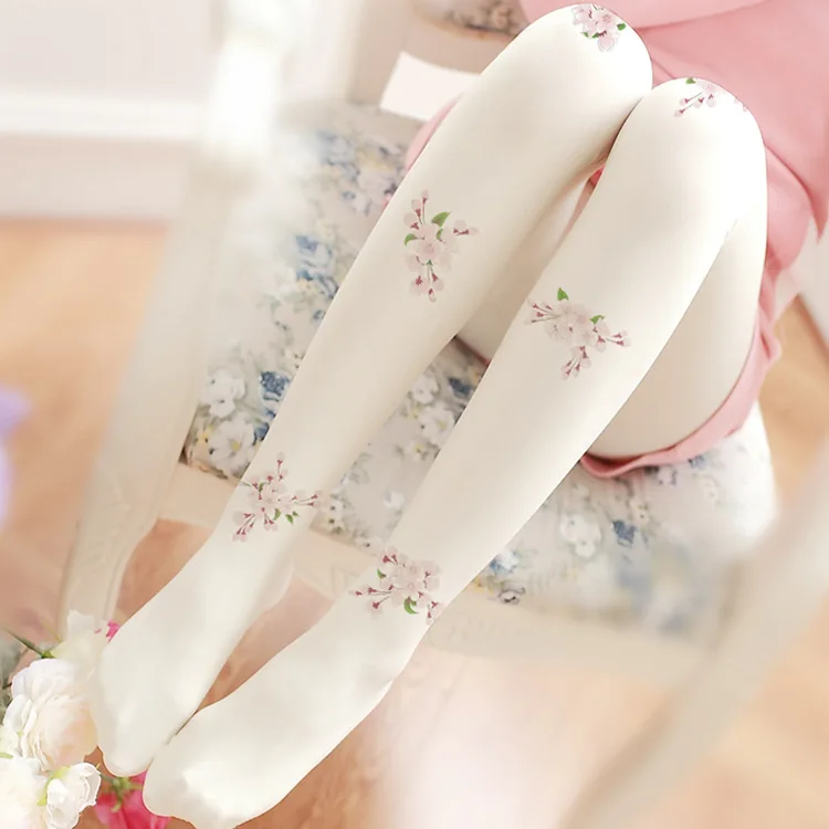 Japanese Style Harajuku Sakura Pattern Stockings Women 80D Velvet Tights Lolita Tattoo Pantyhose Kawaii Cute Tight Socks