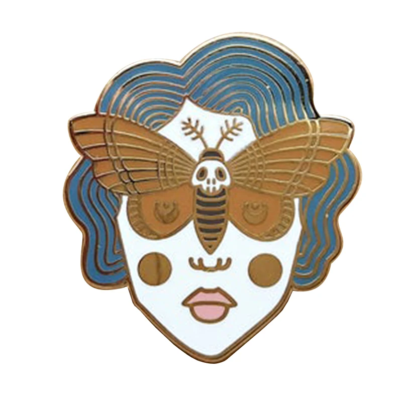 Skull Moth Girl with Crescent Moon details Hard Enamel Pin