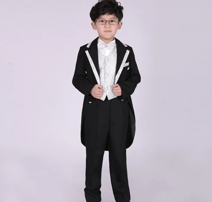 England Style Tuxedo Suits Boys Clothes Set Kids Formal Wedding Blazer Swallow-tailed Coat Kids Party Bow Tie Clothing 5pcs/set