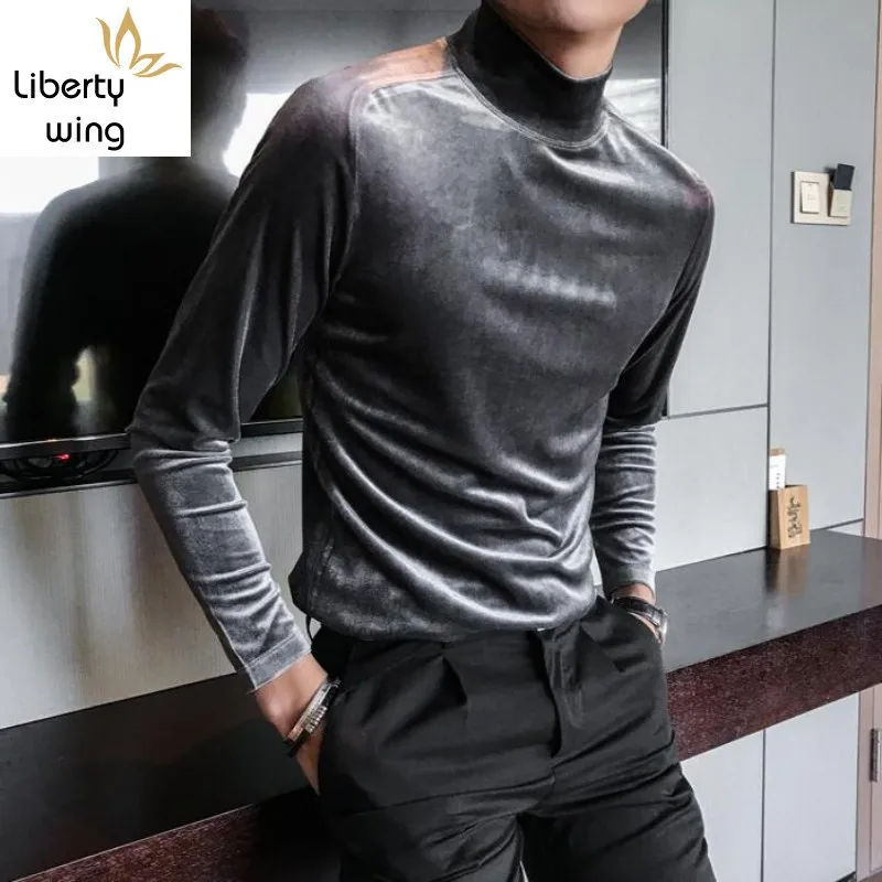 

Autumn Winter Mens Slim Fit Velvet Long Sleeve Pullover Casual Turteneck Tops Tees Big Boys Fashion Under T-shirt Plus Size