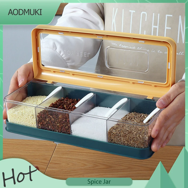 

Home Kitchen Four-In-One Multifunctional Spice Jar with Spoon Combination Set Salt Sugar Condiment Storage Box Storage Container