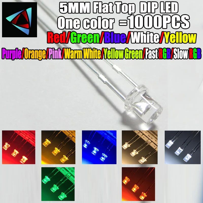 1000Pcs 5MM Flat top white Red Pink Yellow Blue Wide Angle Light lamp Diode LED Ultra Bright Bulbs Emitting Diodes F5 Lamp