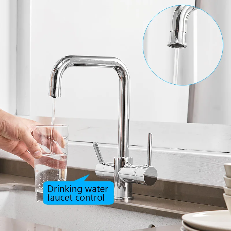 ROVATE 360 Degree Rotation Kitchen Faucet with Drinking Water Faucet, 3 in 1 Kitchen Faucet Dual Handle Dual Spout Filter Faucet