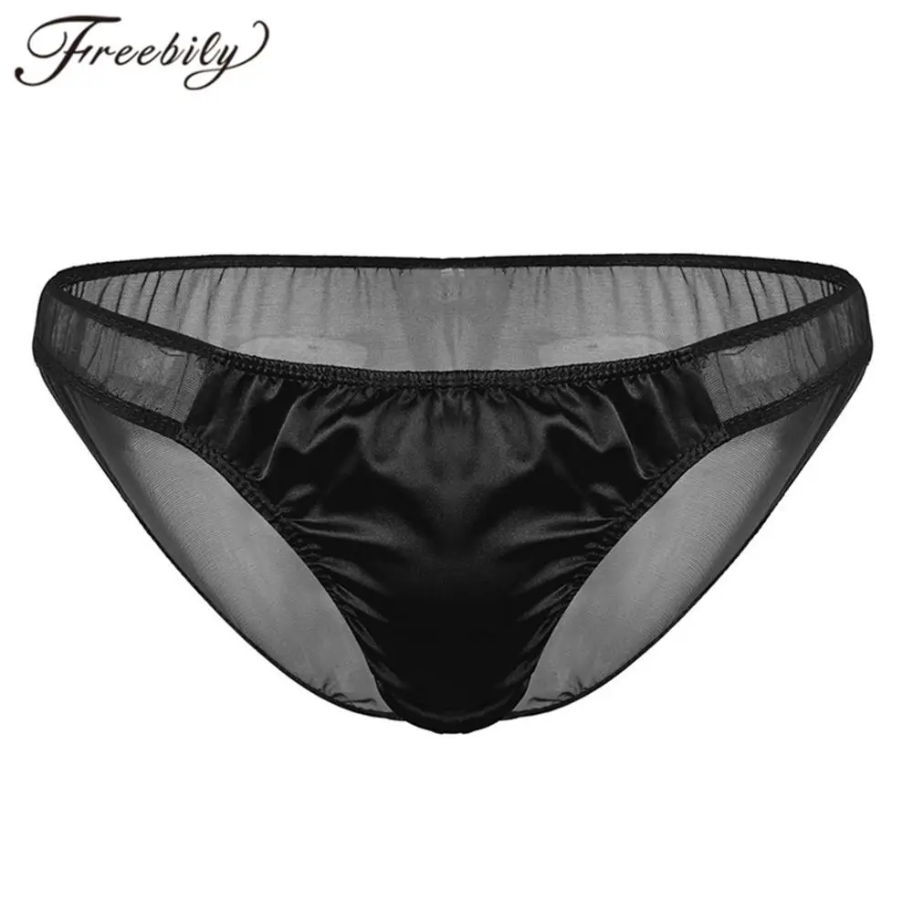 Mens Swimwear Male Panties Low Rise Briefs Underwear Homme Breathable Shiny Satin Ruffle See Through Sheer Mesh Underpants