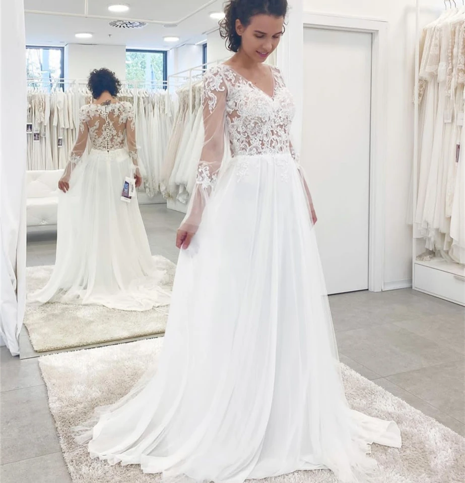 Vestido de casamento a linha decote em v manga cheia rendas apliques botão lantejoulas tule andar comprimento varredura trem vestido de noiva sob medida feito novo