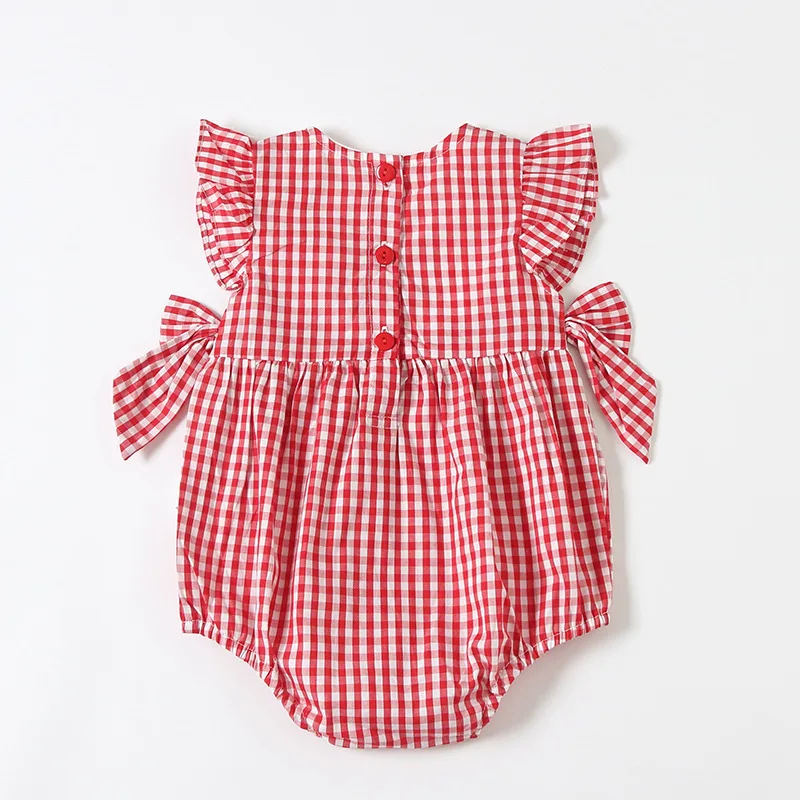 Summer Infant Girl Romper Baby Plaid Rompers Cherry Embroidery Jumpsuit Newborn 1st Birthday Baptism Boutique Clothing
