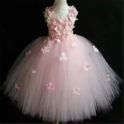 Girls White Fairy Flower Petals Tutu Dress Kids Tulle Dress Ball Gown with Hairbow Children Birthday Wedding Party Costume Dress