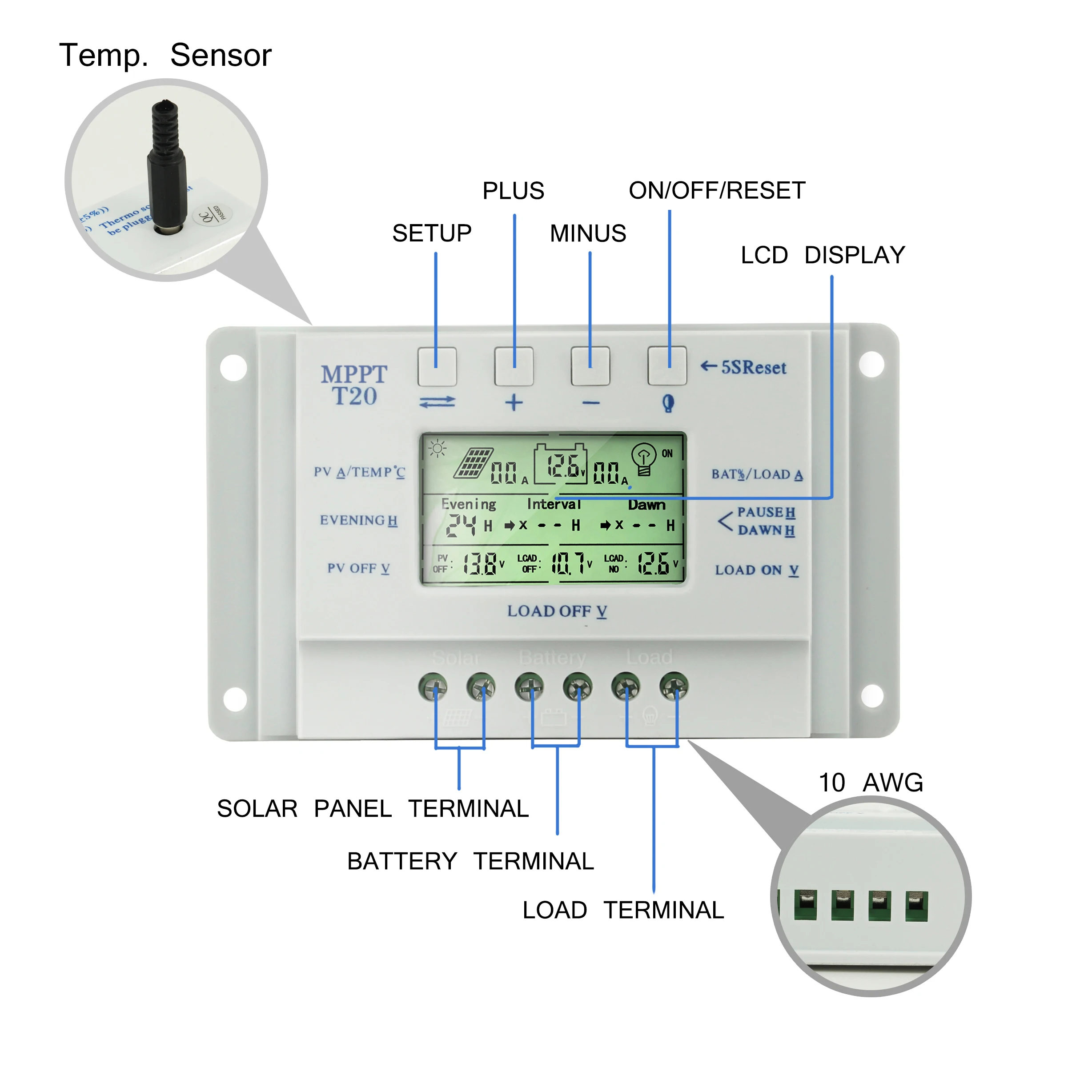 20A MPPT 12V/24V Solar Panel Battery Regulator Charge Controller T20 LCD Display Home Solar Panel PV Regulator Wholesales