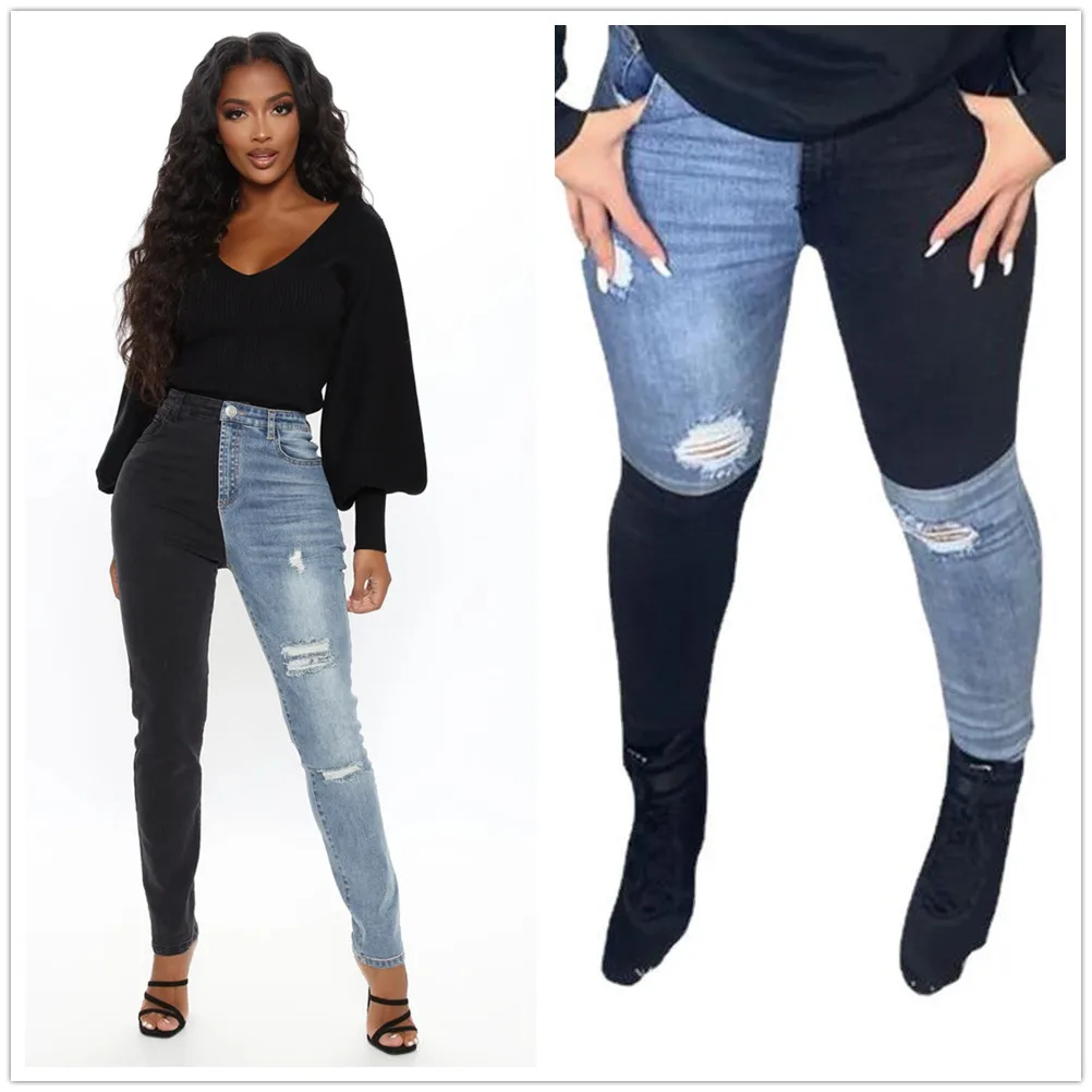 2022 New Woman High Waist Ripped Jeans Fashion Elastic Stitching Denim Pencil Pants Street Hipster Trousers S-2XL Drop Shipping