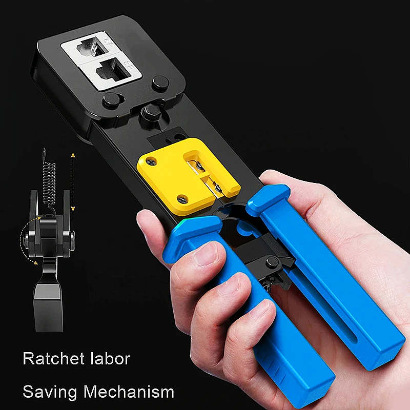 HTOC RJ45 Crimp Tool Pass Through Cat5 Cat5e Cat6 Crimping Tool For RJ45/RJ11 Regular And End-Pass-Through Connectors