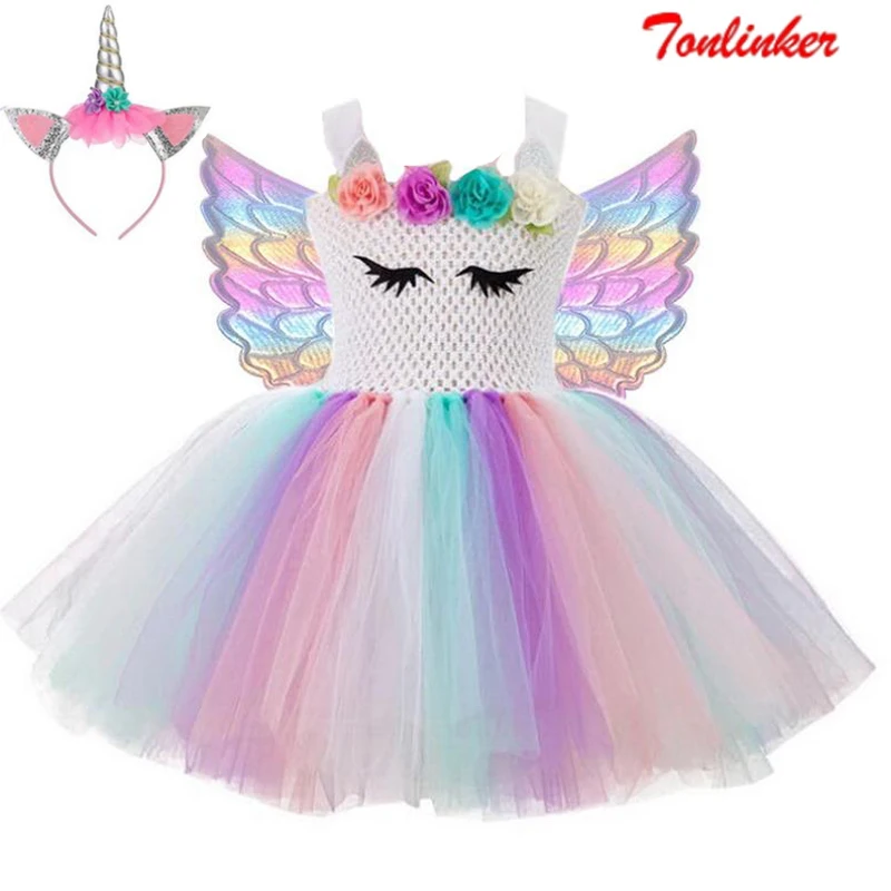 Girls Rainbow Unicorn Tutu Dress With Hair Hoop Wings Princess Flower Girl Party Dress Children Kids Halloween Unicorn Costume