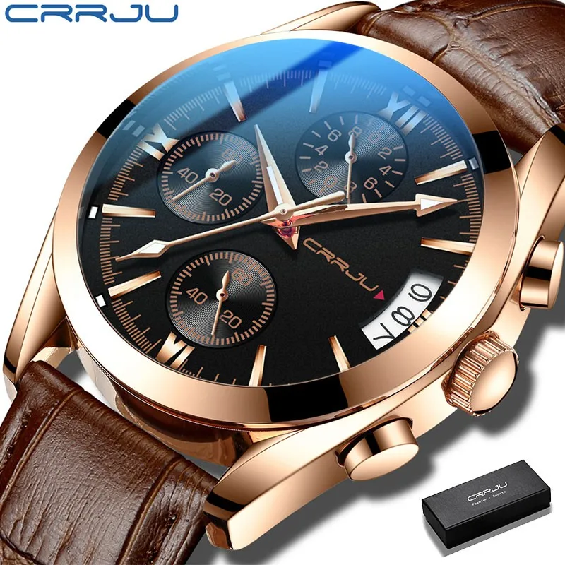 CRRJU orologio da uomo al quarzo impermeabile orologi da uomo cronografo sportivo orologio da polso in pelle orologio da uomo d\'affari con scatola