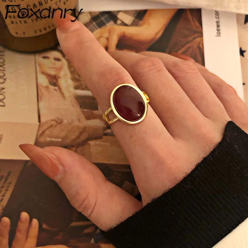 Foxanry New Fashion Gold Color Engagement Rings France Vintage Red Stone Elegant Wedding Bride Jewelry Gifts for Women