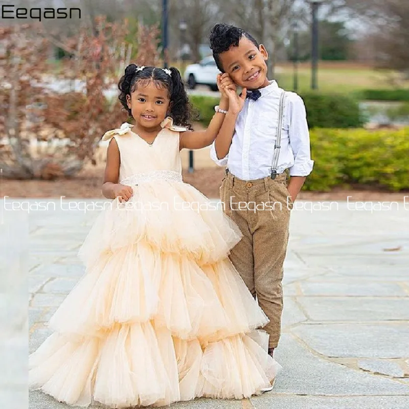 

Light Yellow Flower Girl Dresses Tulle Puffy Princess Dress First Communion Tiered Little Girl Birthday Dress Child Baby Dress