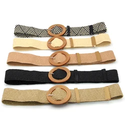 Fashion Women Elastic Belt Round Buckle Vintage Boho Straw Woven Belt Dress Belt