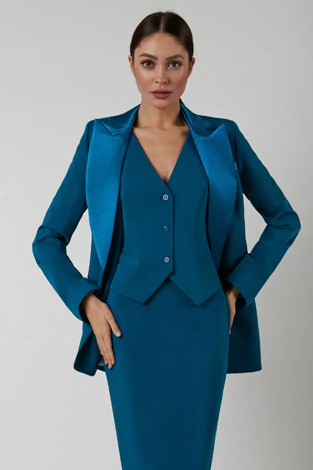 Escritório senhora blazer vestido define primavera manga longa cardigan casamento smoking sólido calças definir feminino casual trabalho wear 3 peças