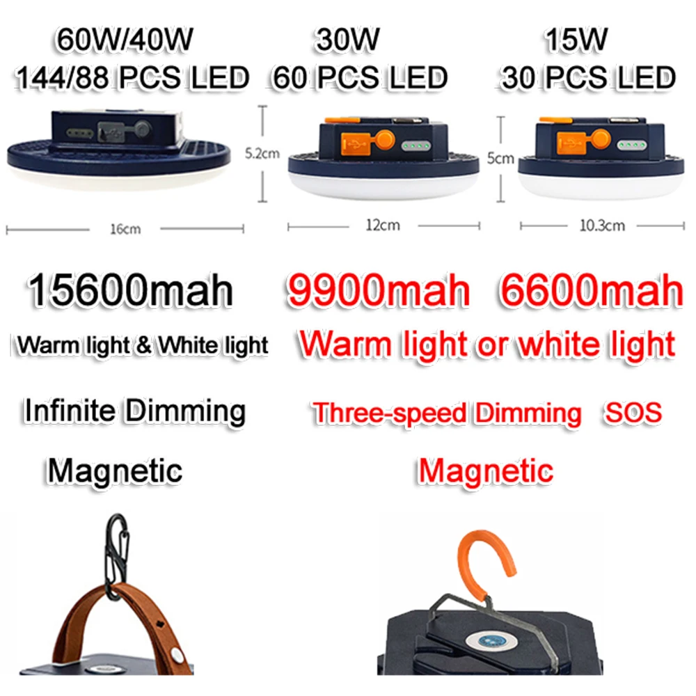 휴대용 충전식 LED 자석 랜턴, 강력한 손전등, 낚시등, 야외 작업 수리, 캠핑 랜턴, 60 W, 15600mah