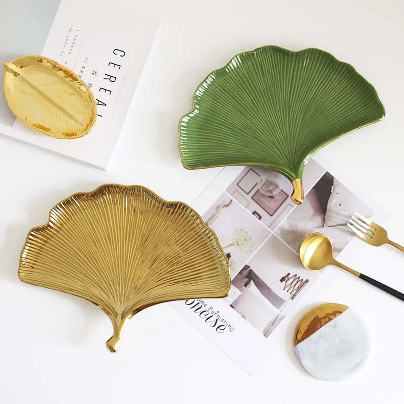 

Керамическая обеденная тарелка с листьями гинкго, тарелка для закусок, скандинавская креативная тарелка, золотой поднос для ювелирных изделий, украшение для дома, хранение, новогодние подарки