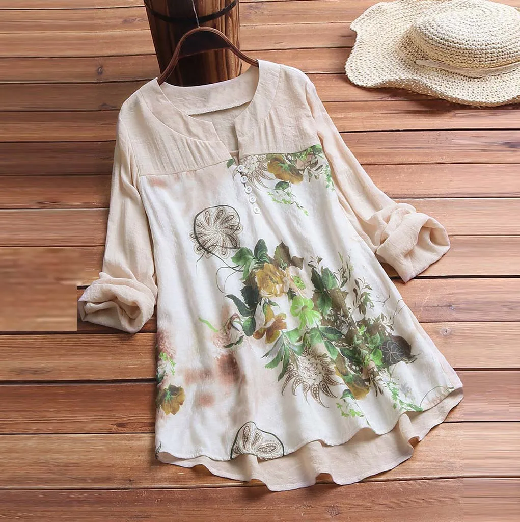 Vintage Cotton Linen Women Blouse Retro V-neck Floral Printing Tunic Tops Long Sleeves Shirt Elegant Femme Blouses Streetwear