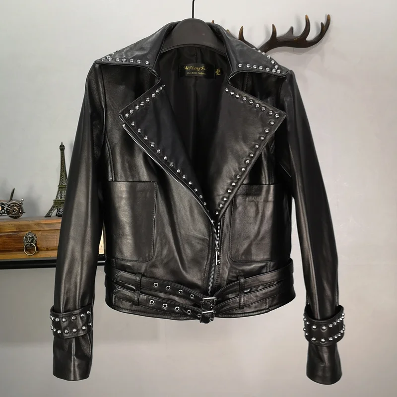 Rivet Studded Leather Jacket Women Motorcycle Biker Natural Real Sheepskin Natural Leather Coat Female Black Jacket Clothing Top