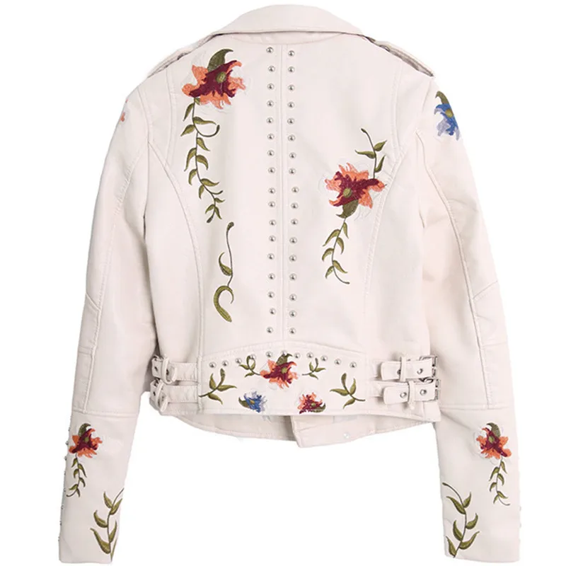 Vintage Rivet Beaded Flower Embroidery Short Faux PU Leather Jacket Autumn Lapel Long Sleeve Motorcycle Biker Jacket Streetwear