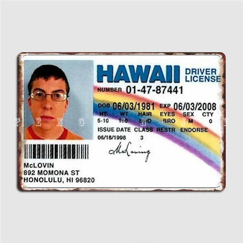 Mclovin Fake Id Metal Sign Wall Mural Garage Club Design Plaques Tin Sign Poster