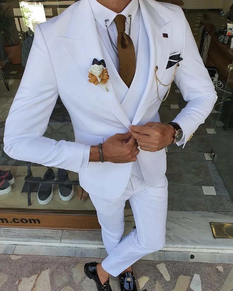 2023 Putih Kerah Memuncak Kostum Homme Jas Pernikahan Pria Tuxedo Pengantin Pria Terno Masculino Mempelai Pria Slim Fit Pesta Blazer