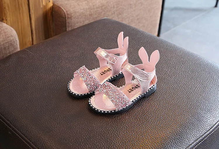 Summer Children\'s Rabbit Ear Sandals Fashion Glitter Rhinestone Girls Princess Roman Sandals Baby Kids Flat Non-slip Beach Shoes