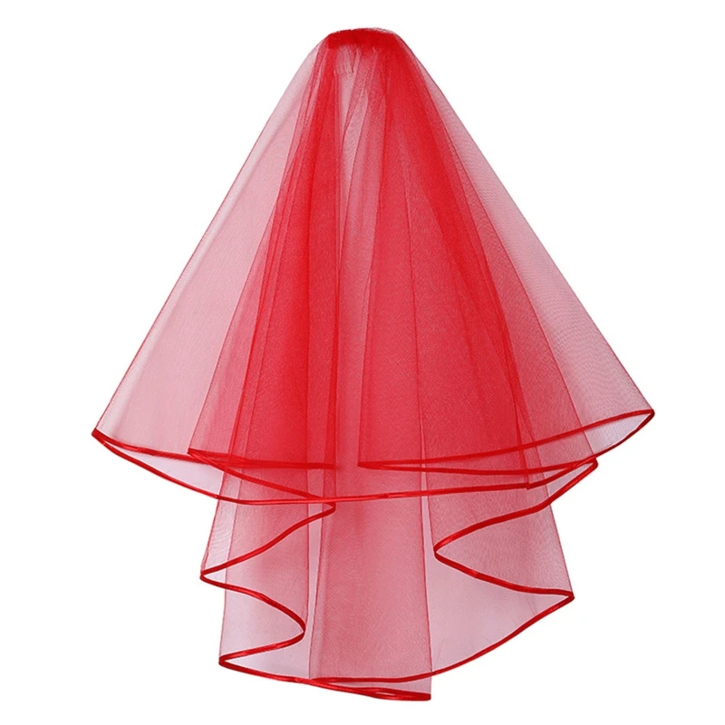 Double Layer Mesh Tulle Solid Color Women Short Wedding Veil with Comb Ribbon Edge Center Cascade Bride Party Headpiece image 4